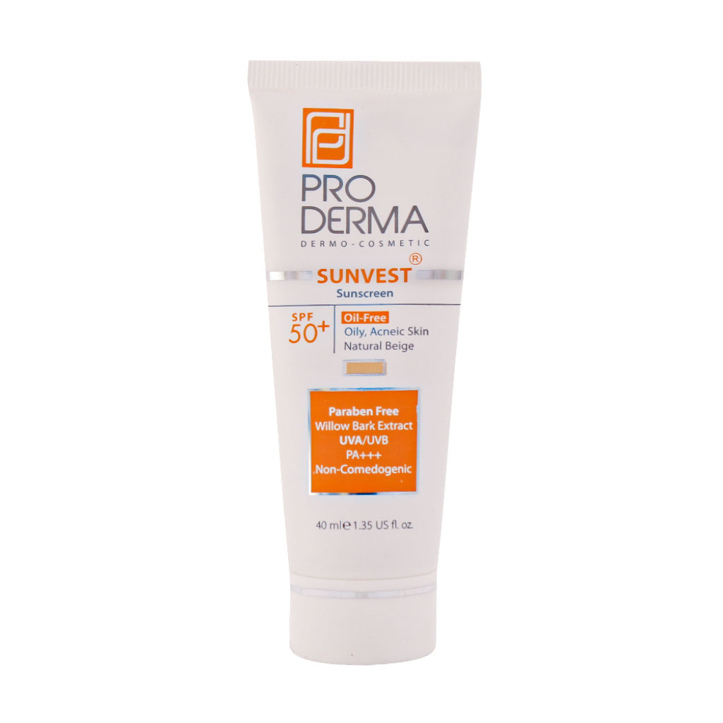 کرم ضدآفتاب فاقد چربی بژ طبیعی SPF50 پرودرما SUNVEST SUNSCREEN SPF 50+ NATURAL BEIGE PRO DERMA