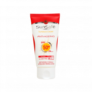 کرم ضد آفتاب و ضد چروک بی رنگ سان سیف SUNSAFE ANTI AGENING SUNSCREEN CREAM SPF50