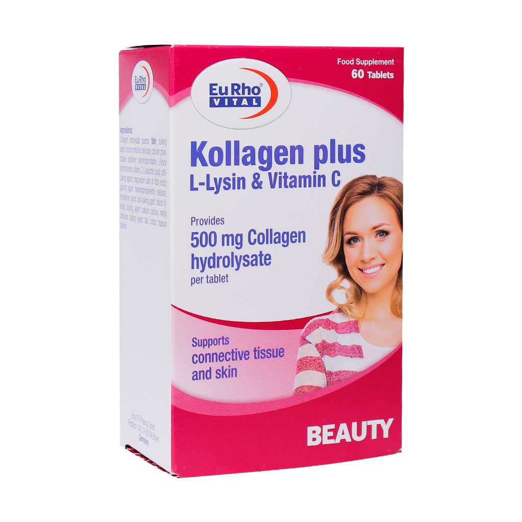 قرص کلاژن پلاس ال لیزین و ویتامین C یوروویتال ۶۰ عددی EURHOVITAL KOLLAGEN PLUS LIYSIN AND VITAMIN C