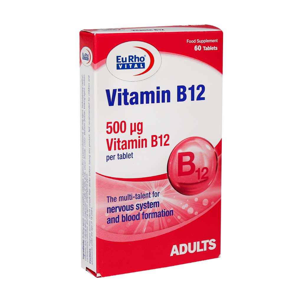 قرص ویتامین B12 یوروویتال 60 عددی EURHO VITAL VITAMIN B12 500 ΜG 60 TABS